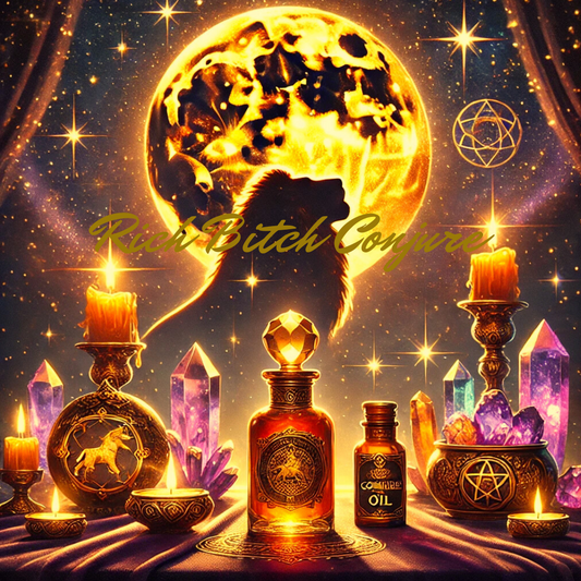 Leo lion standing proud with confidence and head held high under the full moon and shining stars with purple amethyst, golden citrine, golden candles with bright flames, and rich bitch conjure oils underneath.