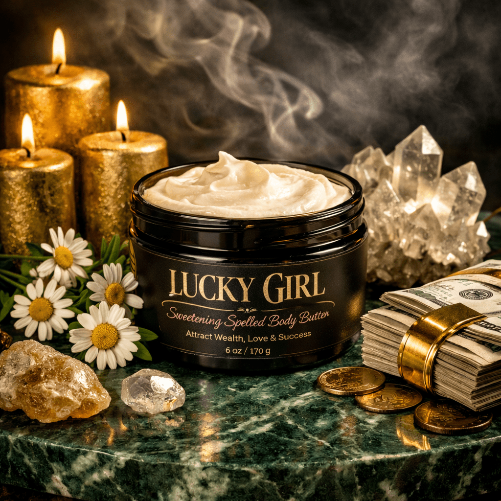 Lucky Girl body butter jar with candles, crystals, and money on a dark surface