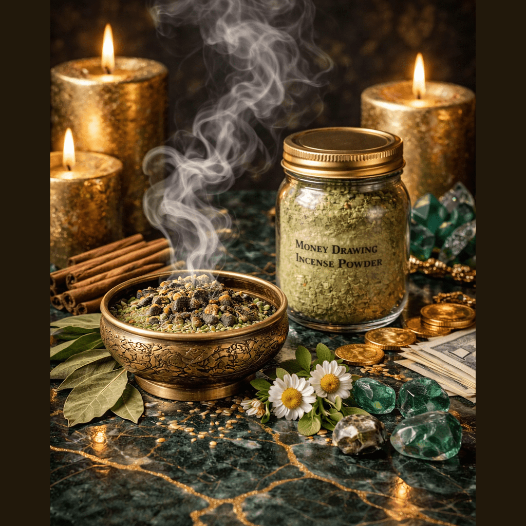 Incense powder jar with candles, coins, and crystals on a dark surface