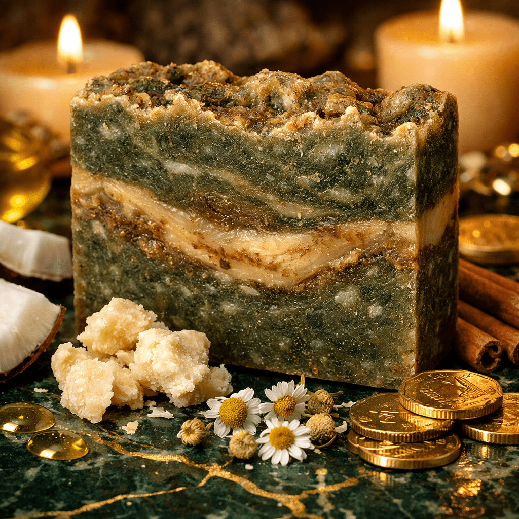 Marble-patterned soap bar with gold coins, dried flowers, and cinnamon sticks on a dark surface.