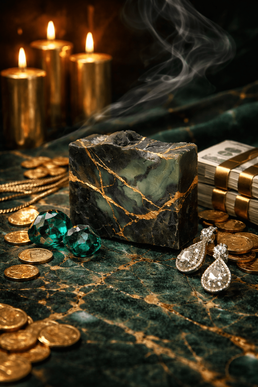 Marbleincense burner with candles, coins, and jewelry on a dark surface
