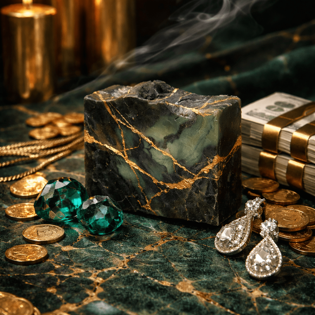 Marble incense burner with candles, coins, and jewelry on a dark surface