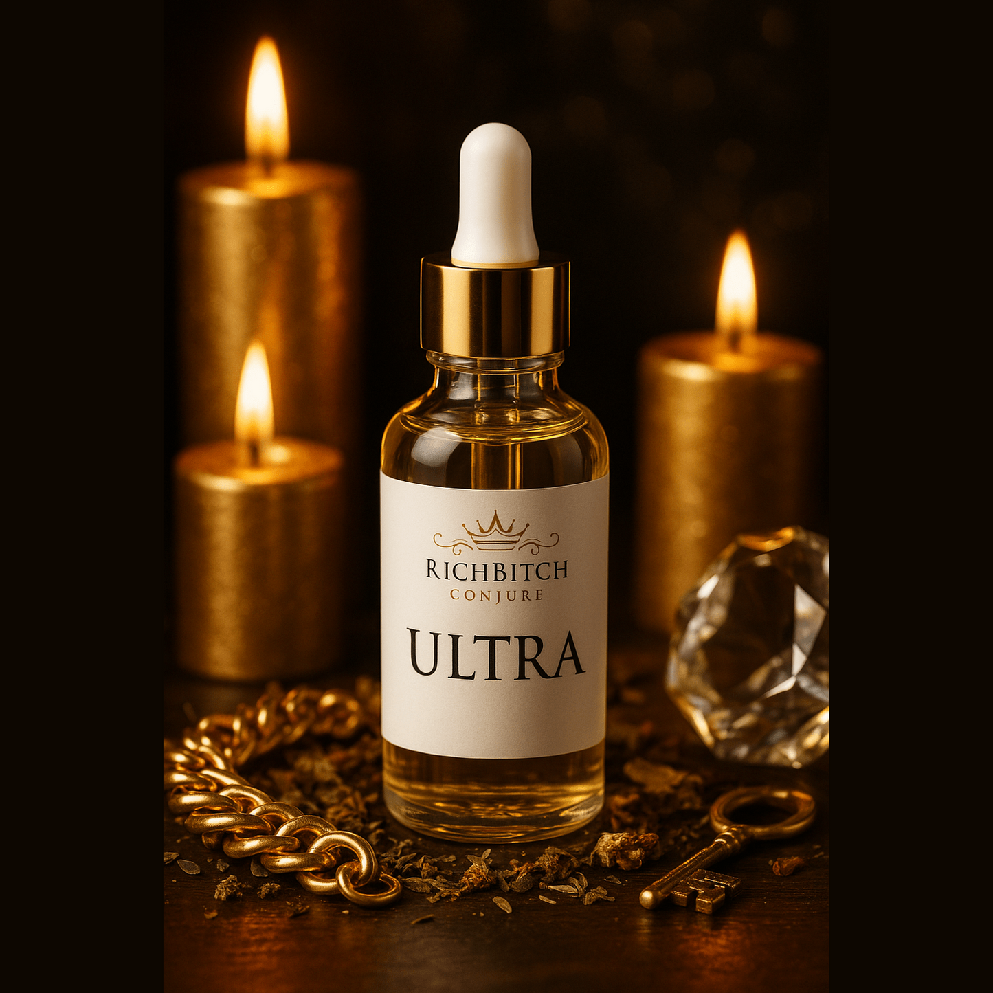 A 2-ounce glass dropper bottle with gold and white top surrounded by three lit gold candles, gold link necklace, gold key, a large diamond, and hoodoo herbs.