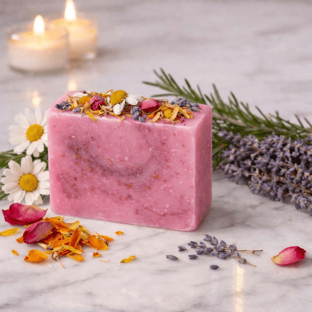 Pink soap bar with floral toppings on a marble surface with candles and flowers.