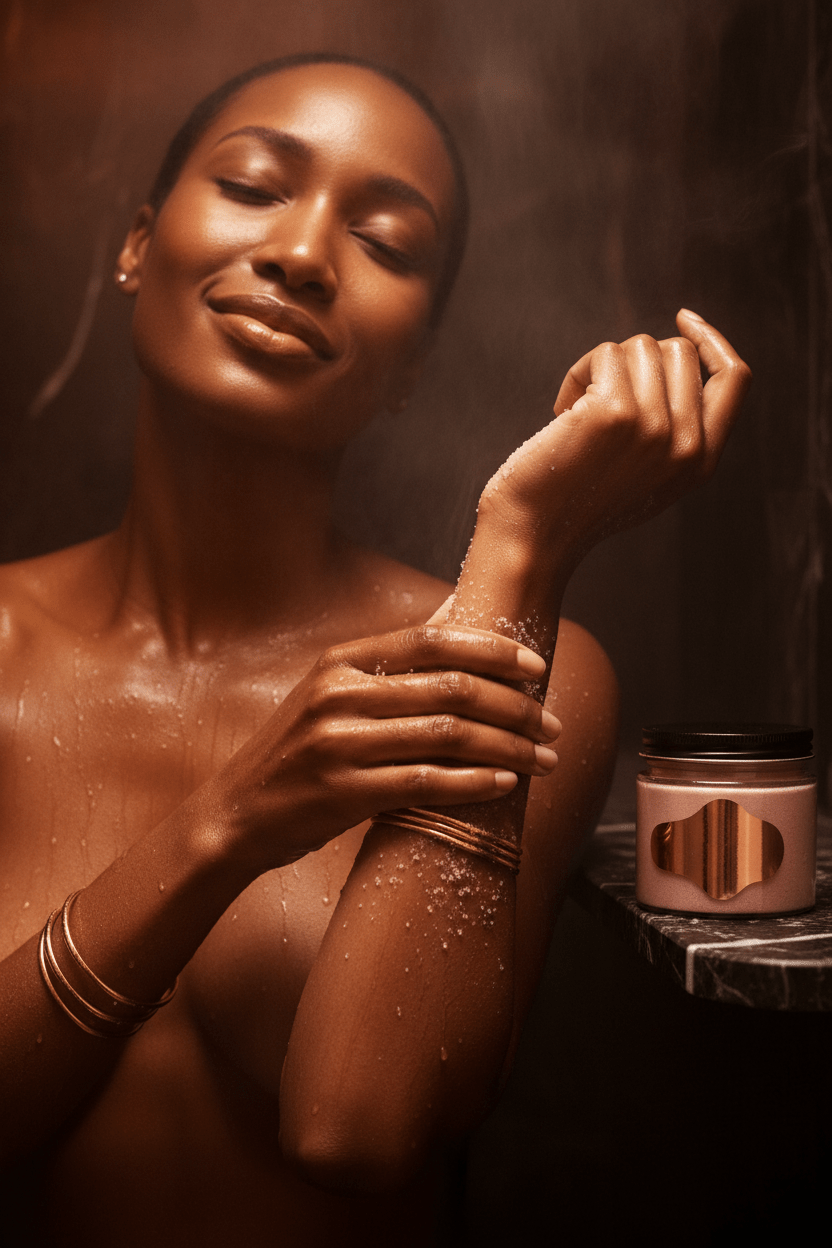 Woman applying a product to her arm with a dark background