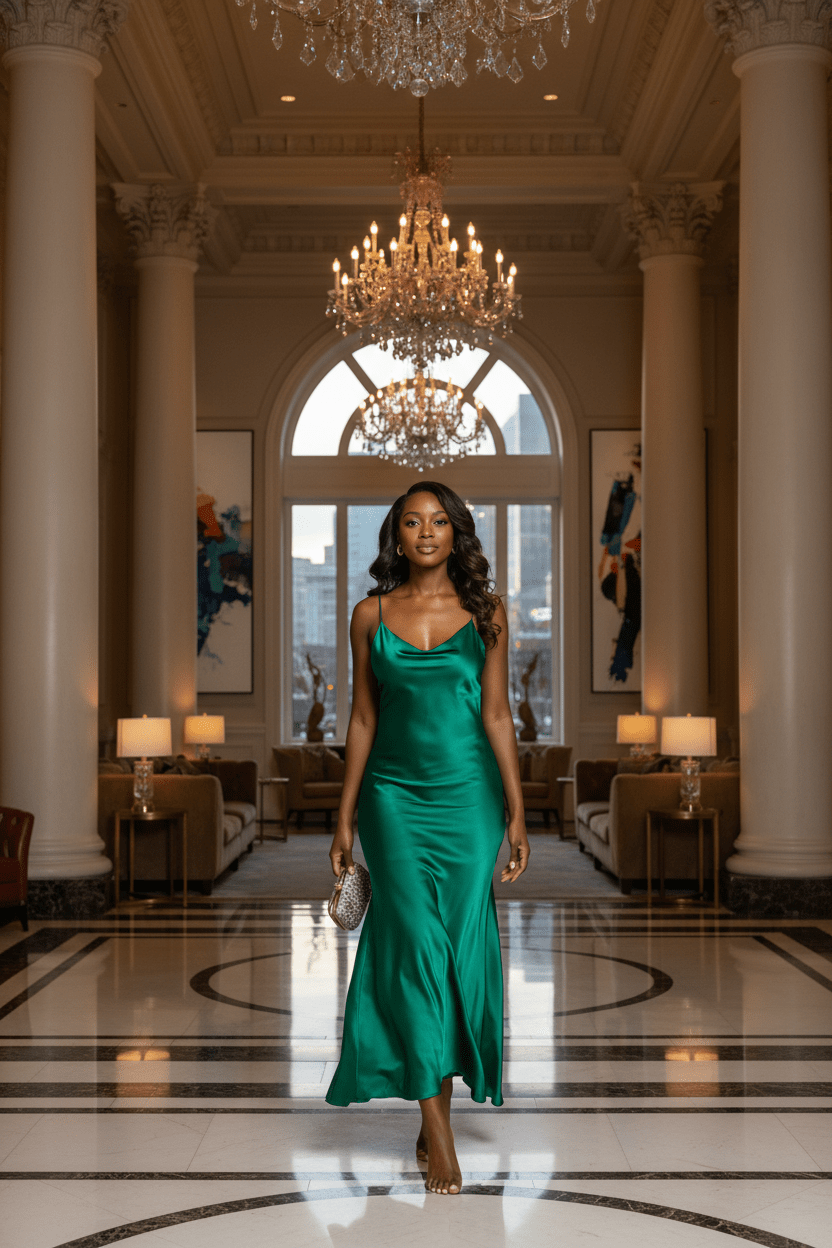 A woman walks down a grand hotel lobby wearing a floor-length emerald green satin slip dress. The elegant interior features tall columns, crystal chandeliers, and a polished marble floor.
