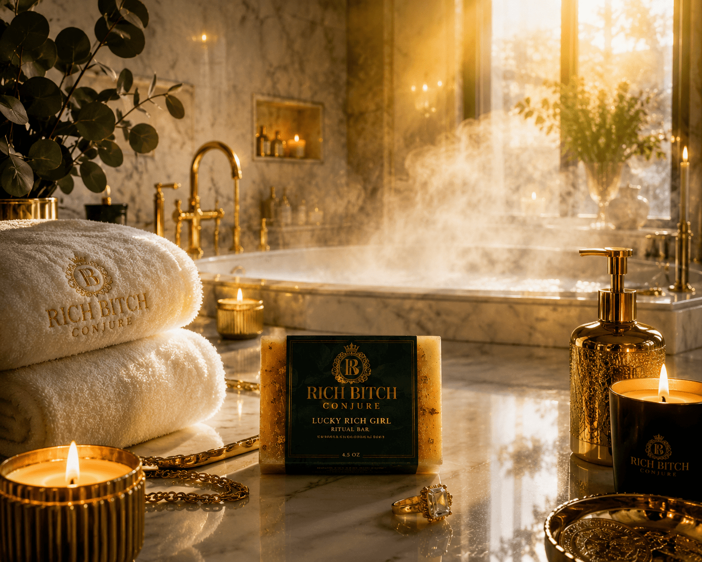 Luxurious bathroom scene with towels, candles, and a bathtub, featuring Rich Bitch Conjure products.