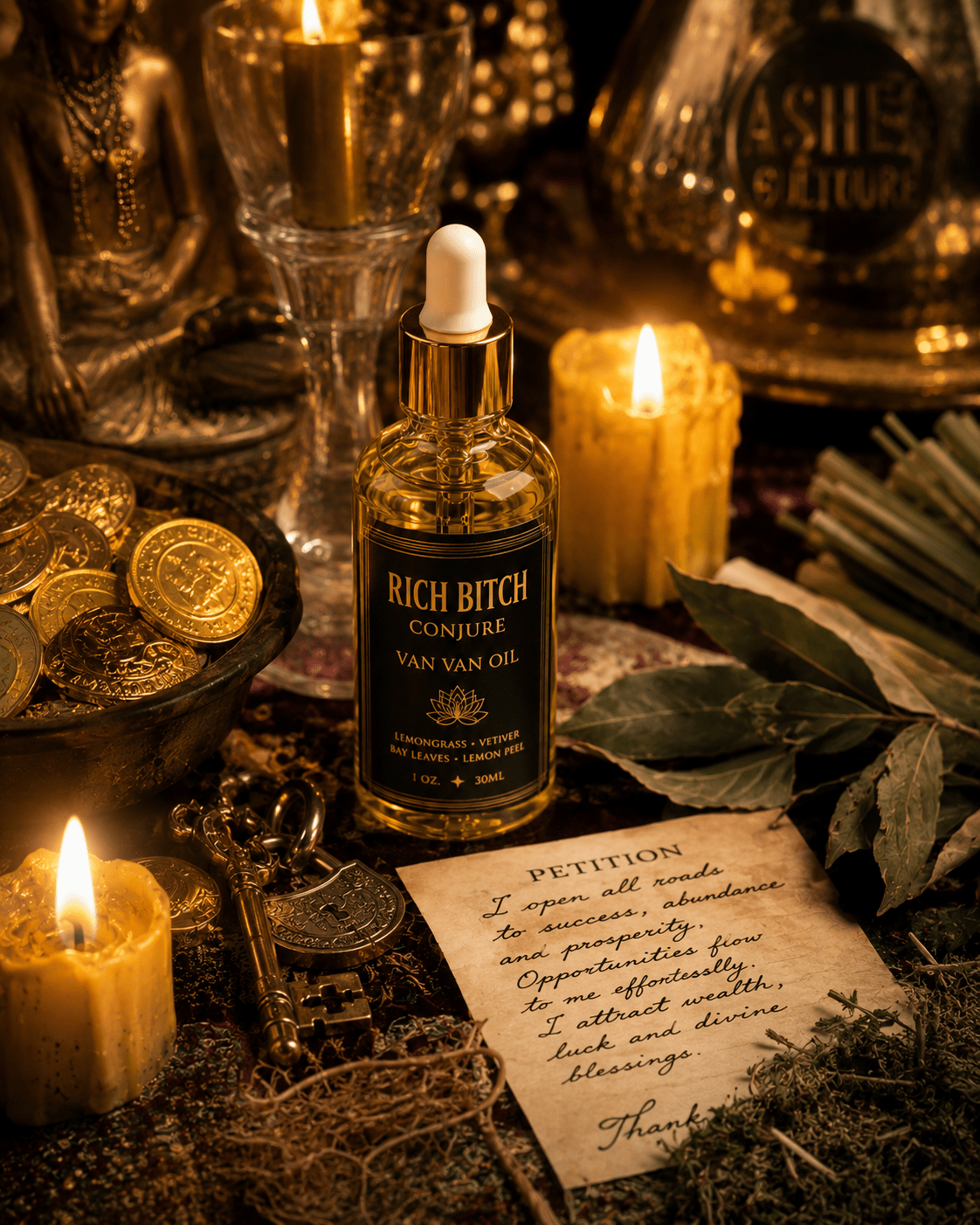 Bottle of 'Rich Bitch Van Van Oil' surrounded by candles, coins, and a key on a dark background.