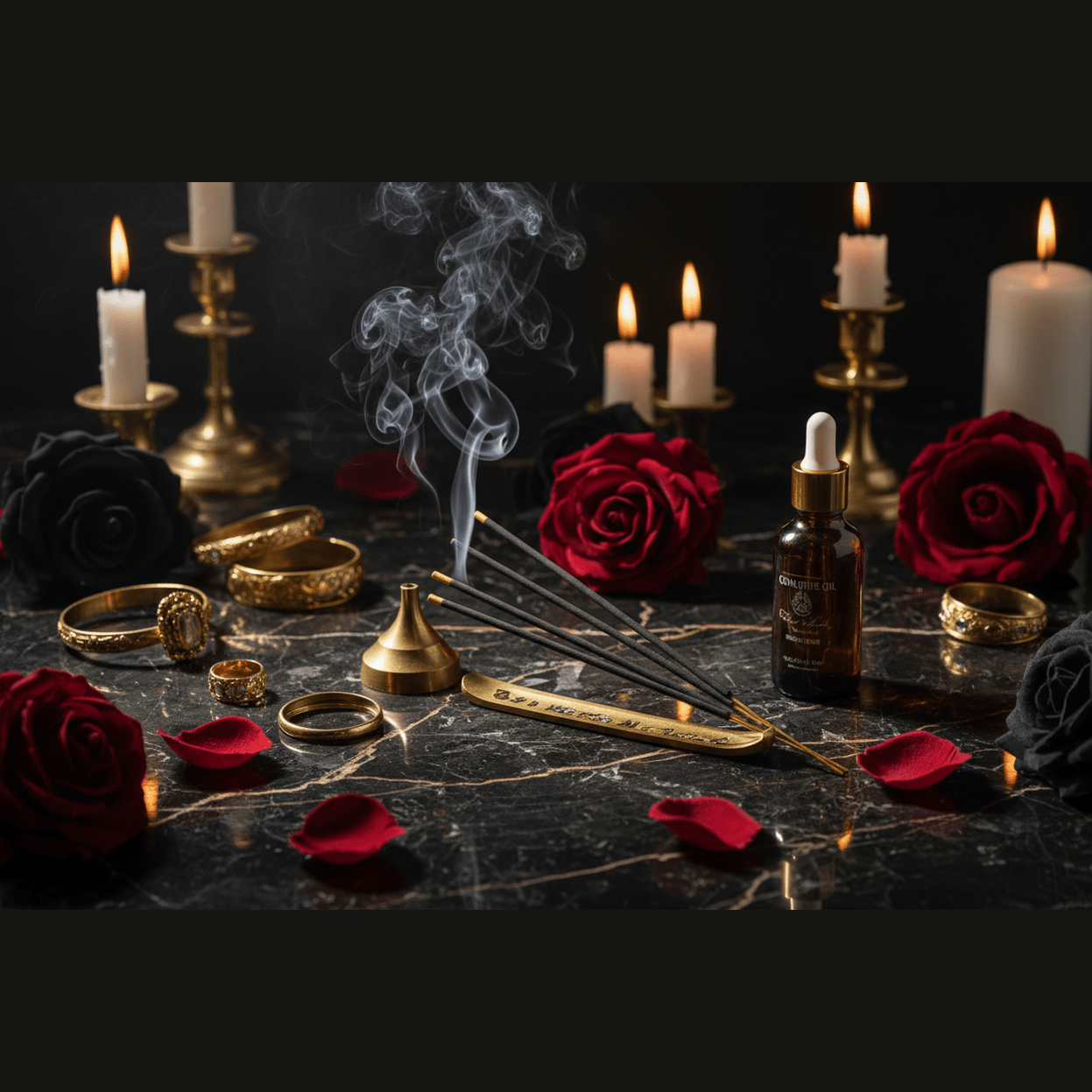 Decorative setup with candles, roses, and jewelry on a dark surface