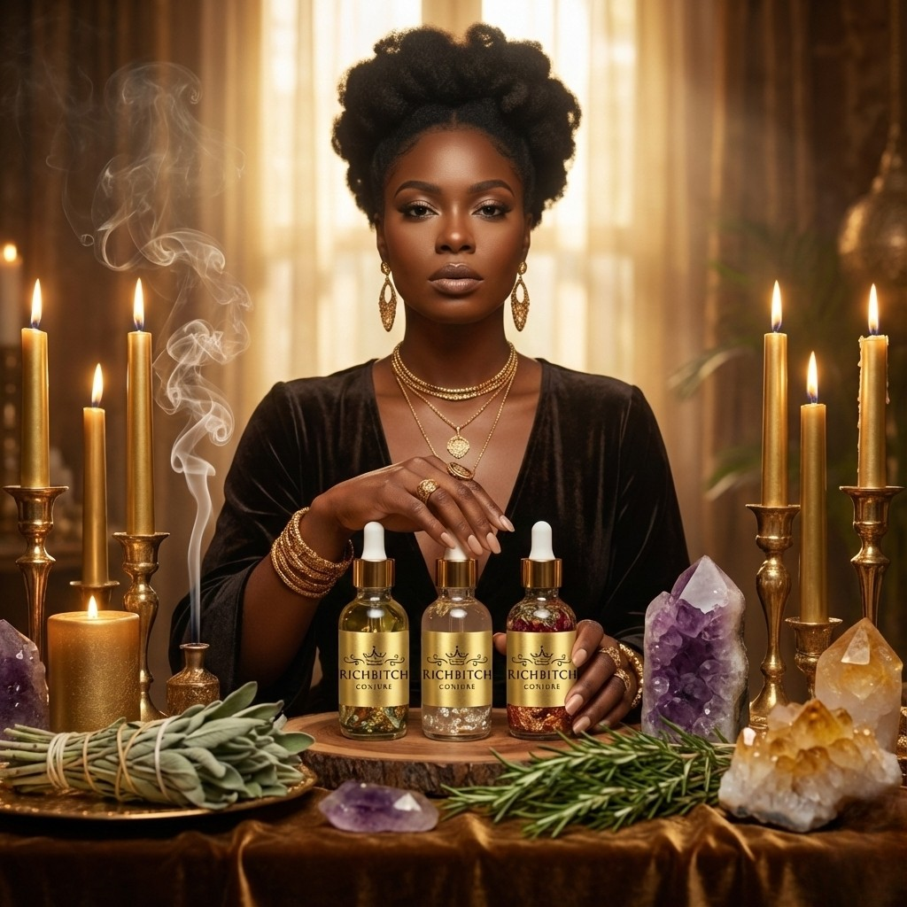 Confident woman at a luxury hoodoo altar with Rich Bitch Conjure oils, gold candles, and spiritual tools representing feminine power and wealth.