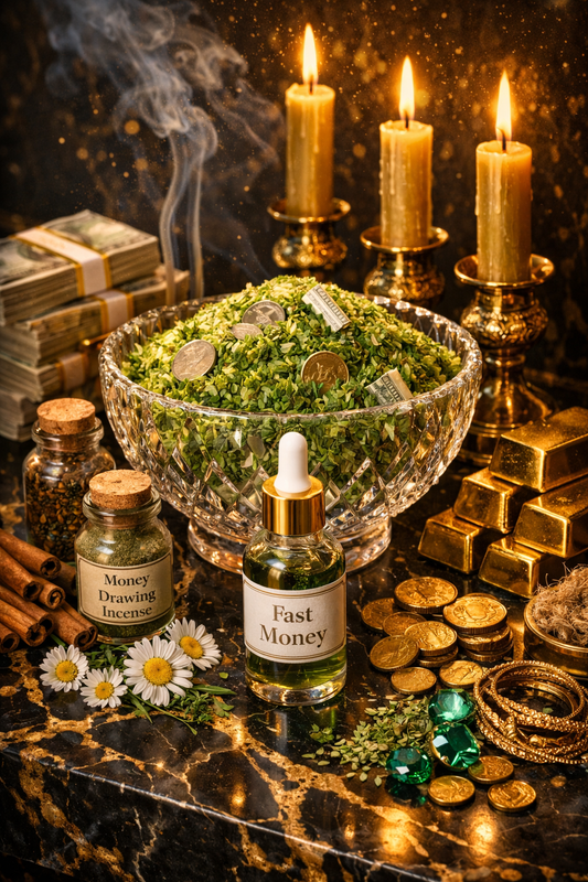 Luxury prosperity bowl ritual with fast money conjure oil, herbal powder, and money drawing incense displayed on black marble with gold accents and cash.
