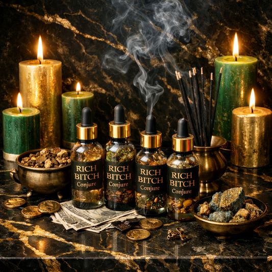 Luxury hoodoo altar with green and gold candles, conjure oils, herbs, and incense for money movement and wealth activation.