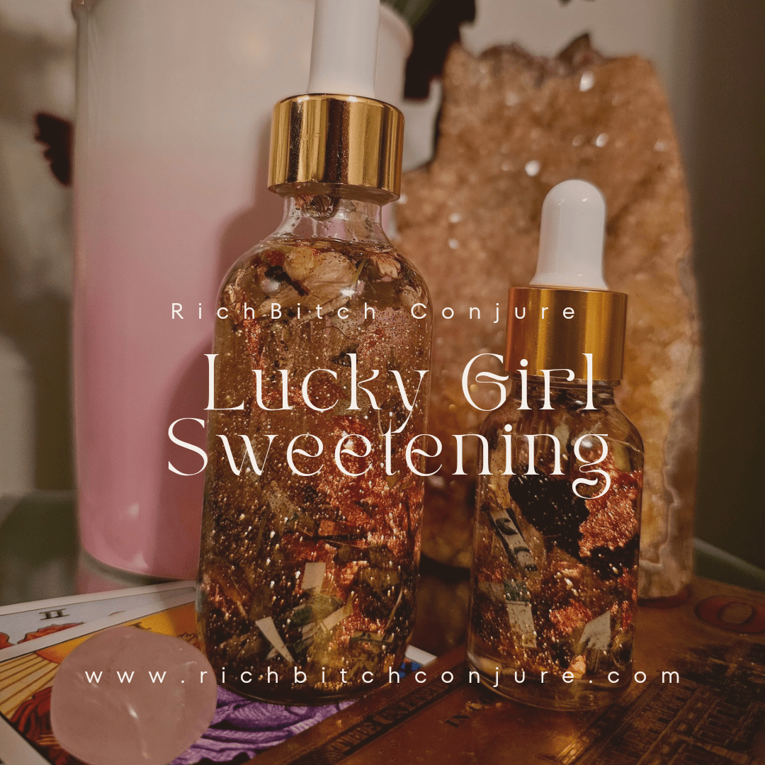 Two glass dropper bottles of Lucky Girl Sweetening Oil shimmering with gold glitter and surrounded by rose quartz and citrine crystals