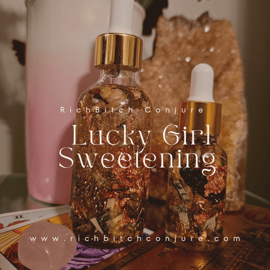 Two glass dropper bottles of Lucky Girl Sweetening Oil shimmering with gold glitter and surrounded by rose quartz and citrine crystals