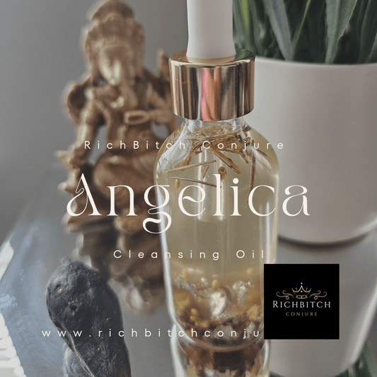 Angelica Spiritual Cleansing Oil with high john, plant, and Ganesha