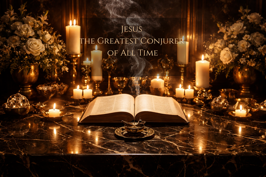 Luxury hoodoo altar with open Bible, candles, and incense representing Jesus as spiritual authority and biblical conjure power.