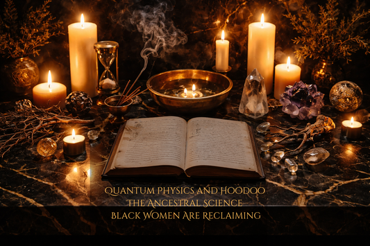 Luxury hoodoo altar representing quantum physics, ancestral wisdom, and Black spiritual science with candles, roots, and sacred tools