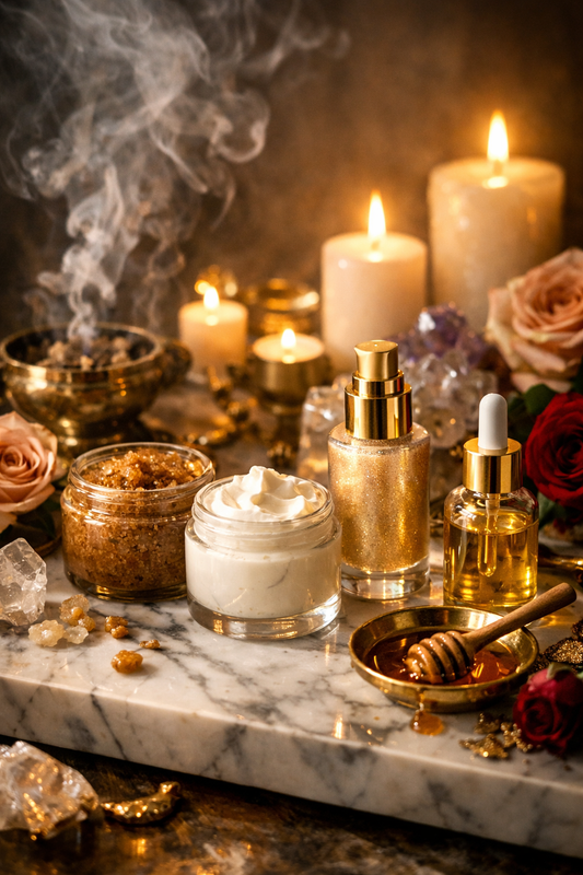 Luxury hoodoo body care ritual altar with body scrub, body butter, body luminizer, and conjure oil surrounded by candles and spiritual elements