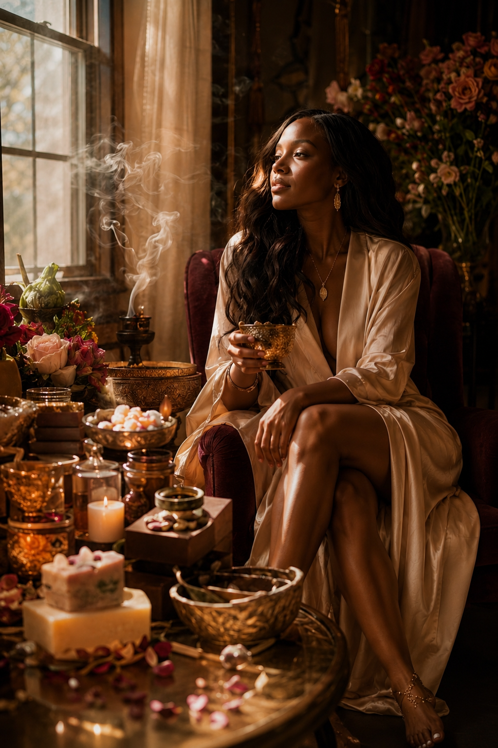 Black woman embracing soft life living through Hoodoo self care rituals, beauty practices, and prosperity work.