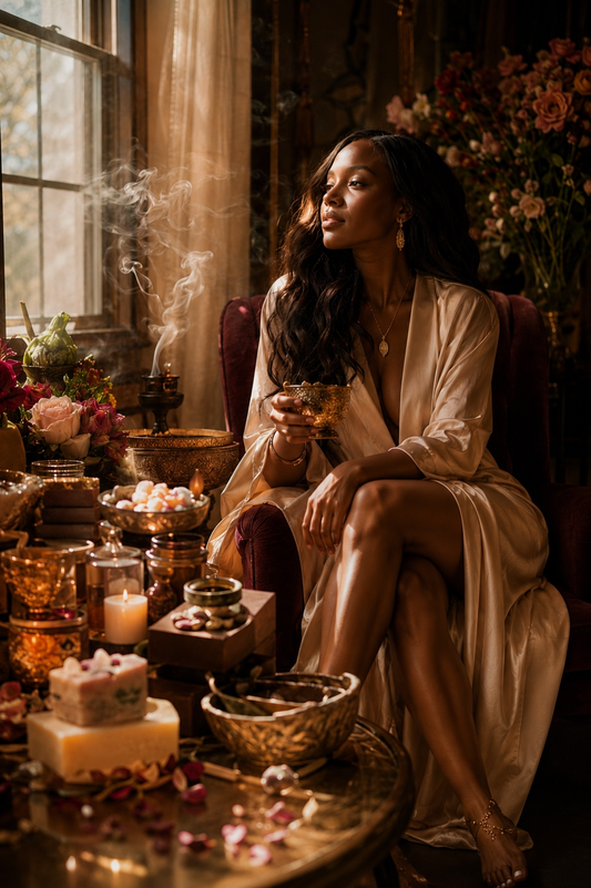 Black woman embracing soft life living through Hoodoo self care rituals, beauty practices, and prosperity work.