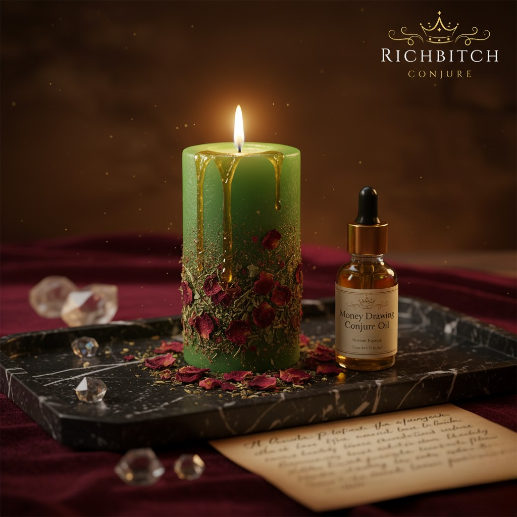 Luxurious ritual altar with green dressed candle anointed in conjure oil, herbs, and crystals for manifestation magic.