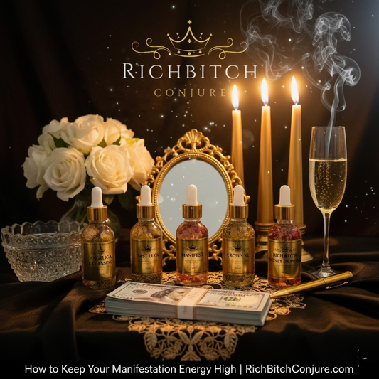 Rich Bitch Conjure oils displayed on luxury vanity with gold accents symbolizing high vibration and abundance.