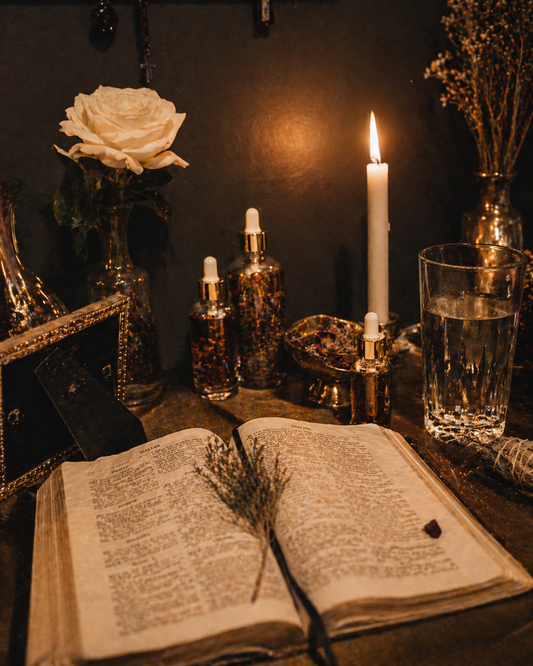 A personal spiritual altar with an open Bible, conjure oil bottle, dried herbs, and candlelight, representing the sacred intersection of Black Holiness church faith and ancestral hoodoo rootwork practice.