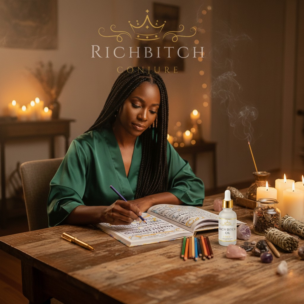 Black woman sitting at a candlelit wooden table covered in Hoodoo spiritual tools. Include an open coloring book with Psalms on the page, colored pencils, a gold pen, lit candles, crystals, a clean white and gold dropper bottle