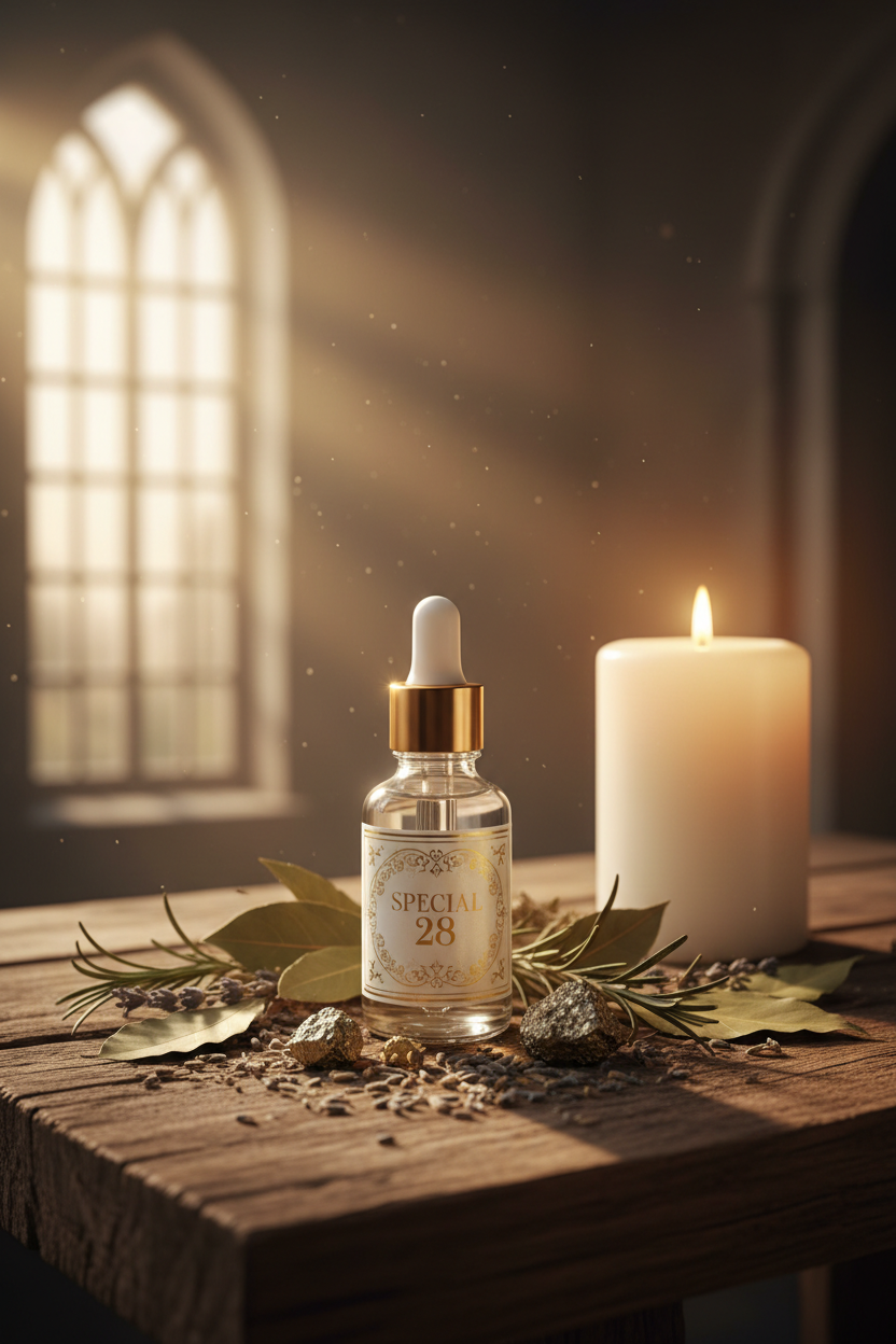 Special 28 Conjure Oil bottle displayed on a Hoodoo ritual altar with herbs and pyrite
