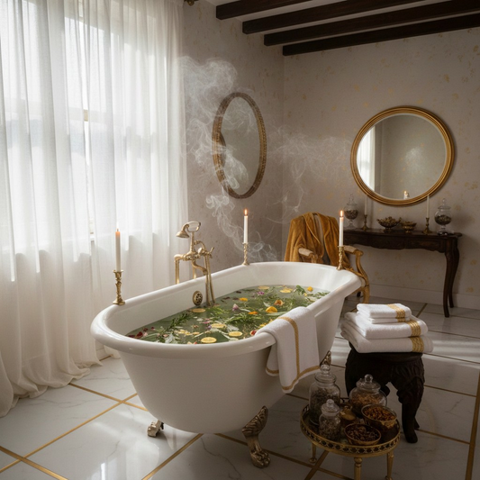 Luxury hoodoo spiritual cleansing bath with white candles, herbs, and sacred ritual elements for protection and spiritual maintenance.