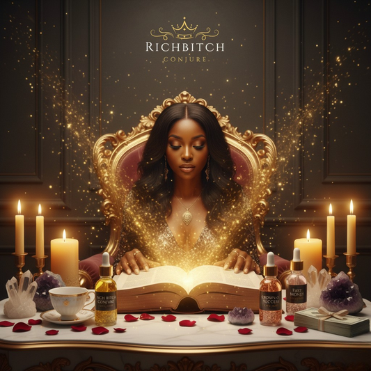 Rich Bitch Conjure reading ritual scene featuring three clear 2oz conjure oils — Rich Bitch, Crown of Success, and Fast Luck — arranged beside a glowing candle, money, and crystals as a woman reads to manifest wealth, success, and spiritual alignment.