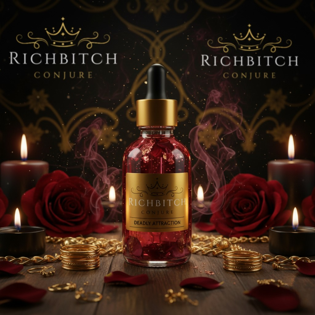 Rich Bitch Conjure’s Deadly Attraction Conjure Oil in a luxurious 2oz clear glass dropper bottle with a white top and gold label featuring the Rich Bitch Conjure logo, surrounded by red roses, gold jewelry, pink candlelight, and soft dollar bills 