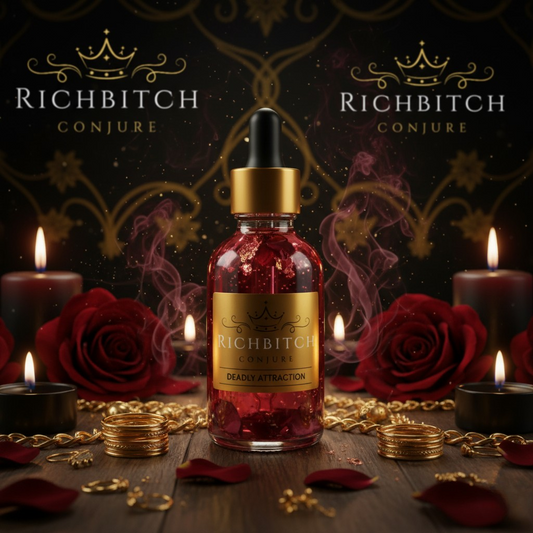 Rich Bitch Conjure’s Deadly Attraction Conjure Oil in a luxurious 2oz clear glass dropper bottle with a white top and gold label featuring the Rich Bitch Conjure logo, surrounded by red roses, gold jewelry, pink candlelight, and soft dollar bills 