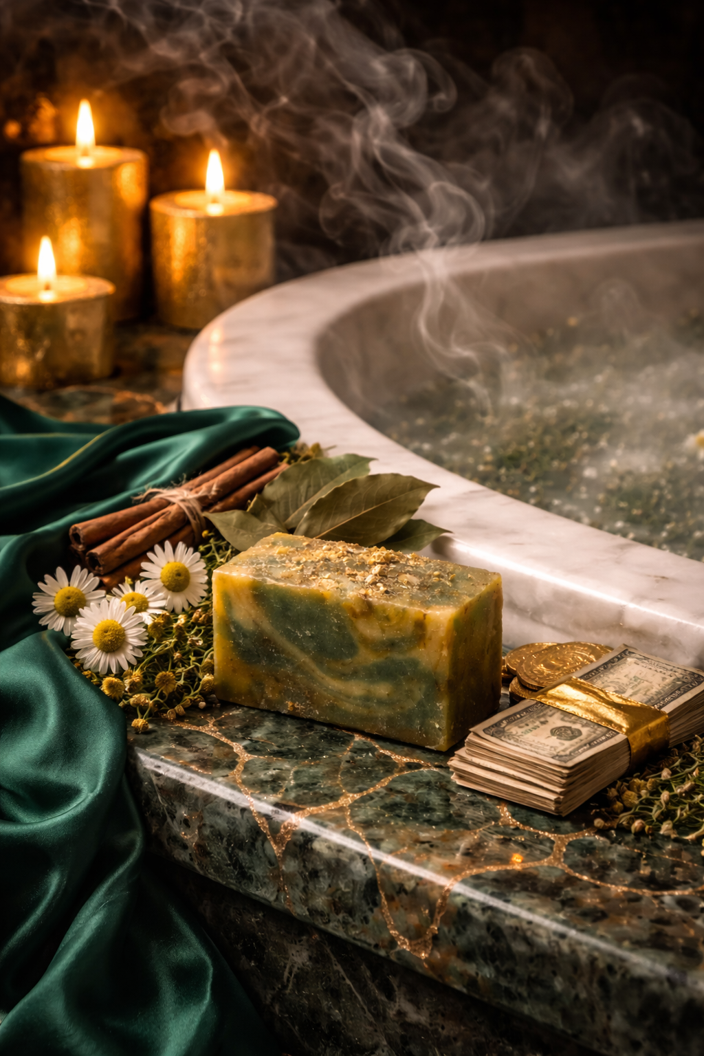 Luxury spiritual cleansing bath ritual with Fast Money Ritual Soap, prosperity herbs, and candles preparing energy for money drawing work.
