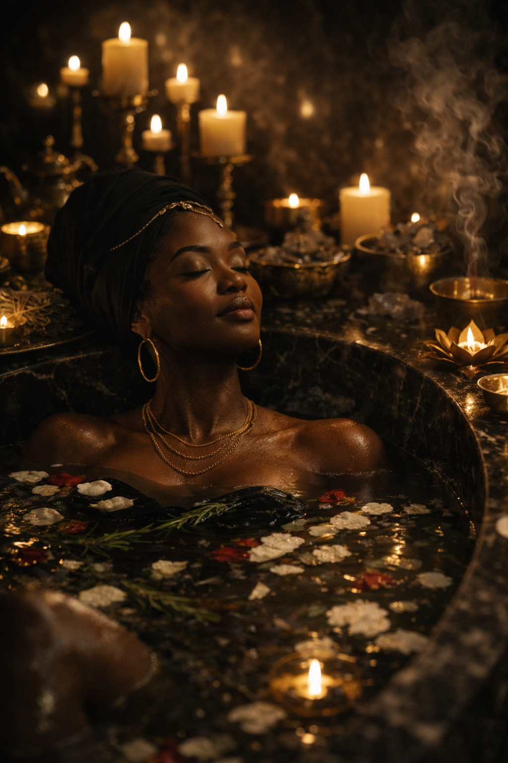 Black woman in spiritual bath performing cleansing ritual for money manifestation with candles and herbs