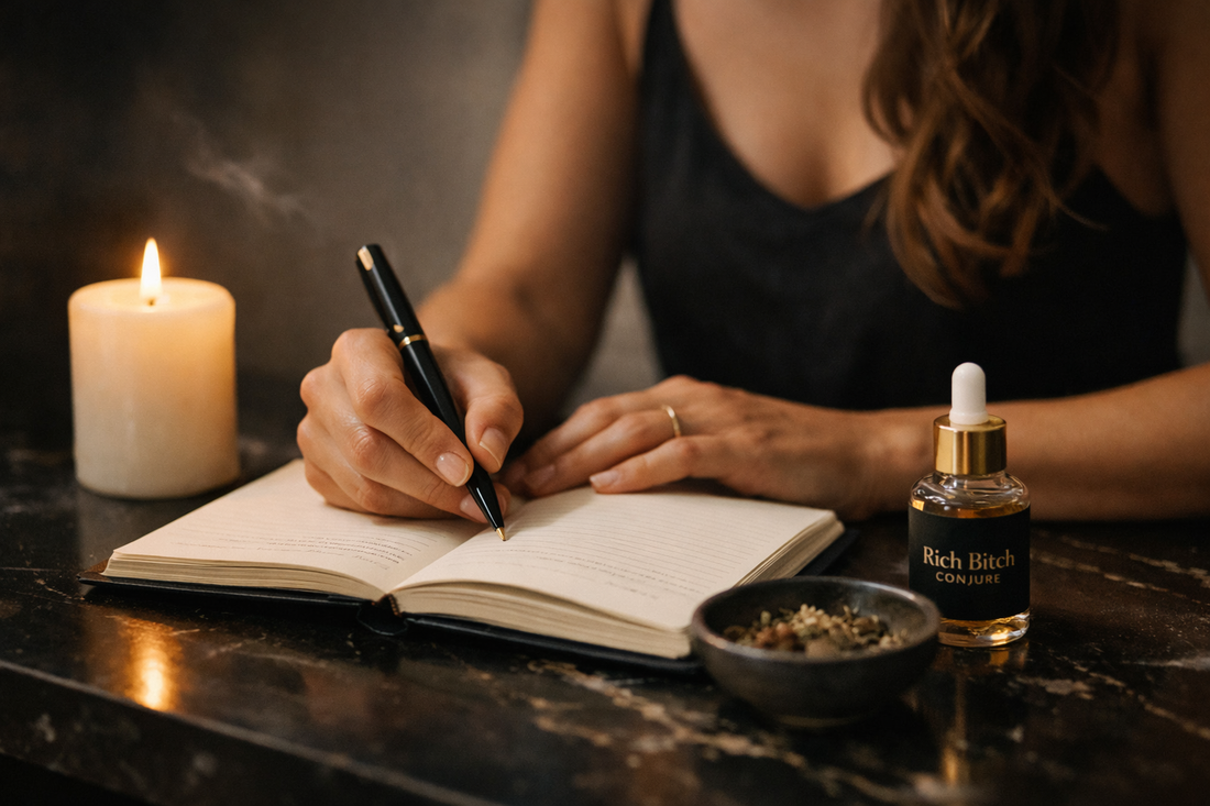 woman journaling intentions during a spiritual ritual in a calm realistic setting