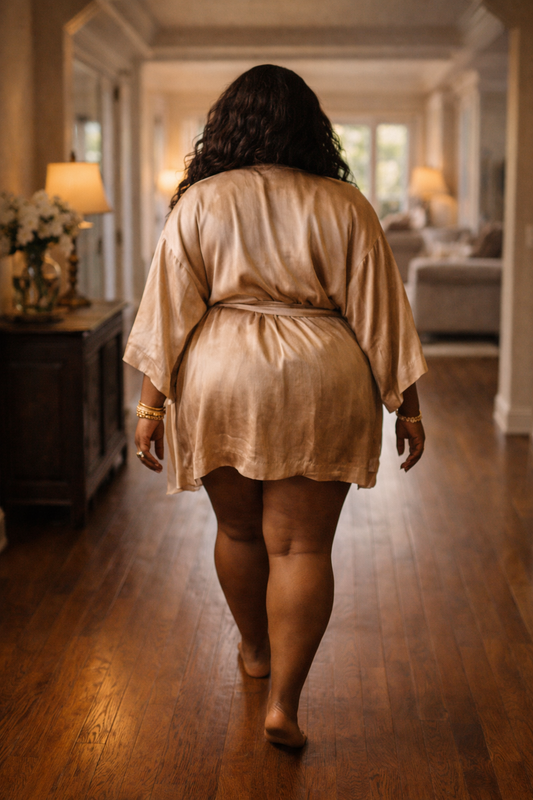 Plus size Black woman sitting calmly in candlelit luxury setting representing discernment before performing love spells or honey jar work.