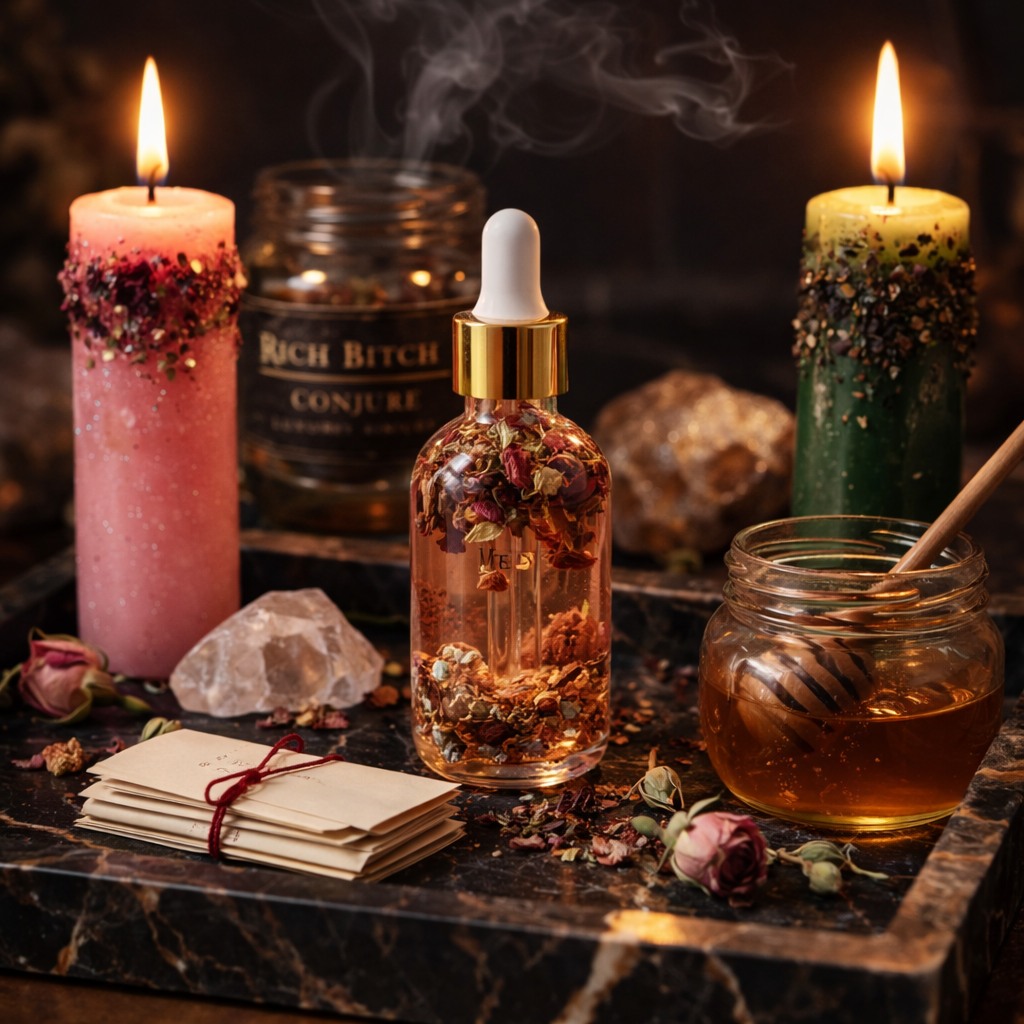 Come To Me hoodoo oil ritual setup with dressed candles, incense, and honey jar on a luxury black marble altar
