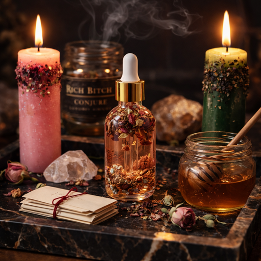 Come To Me hoodoo oil ritual setup with dressed candles, incense, and honey jar on a luxury black marble altar