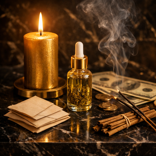 Luxury hoodoo money drawing ritual altar featuring Rich Bitch Money Drawing Prosperity Oil and gold candl