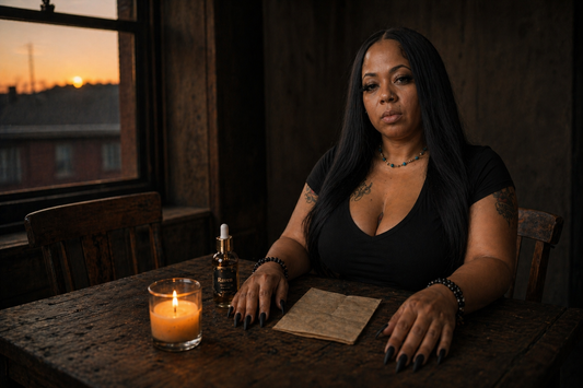 A Black woman sitting alone at a table set for two at dusk with a conjure oil bottle and candle, representing healing from romantic abandonment and the spiritual strength found through hoodoo rootwork practice.