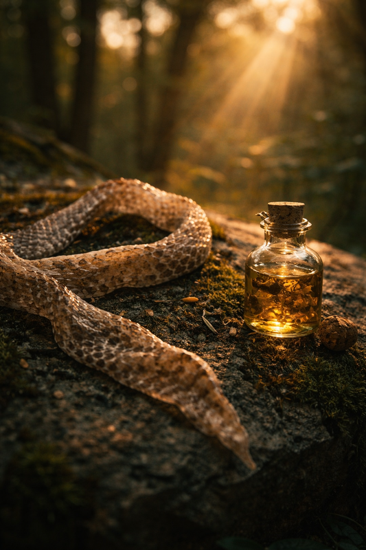 A shed snakeskin beside a handcrafted conjure oil bottle on moss-covered stone in golden morning light, representing spiritual transformation and releasing old identity through hoodoo practice.