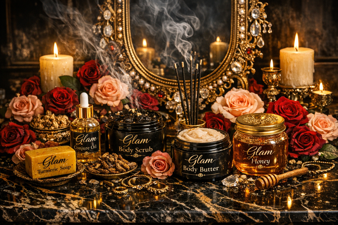 Luxury glamour magick ritual altar featuring turmeric soap, conjure oil, incense, honey jar and roses used for hoodoo beauty and attraction rituals.