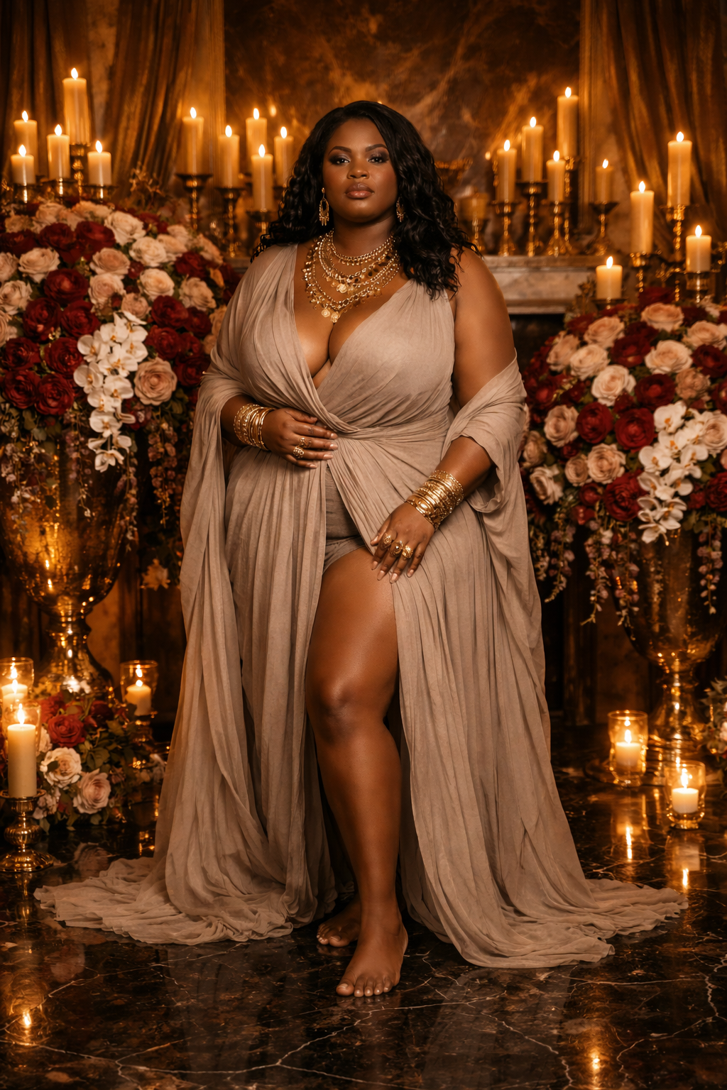 Plus size Black woman standing confidently in luxury candlelit space representing self love, emotional authority, and love spells that work.