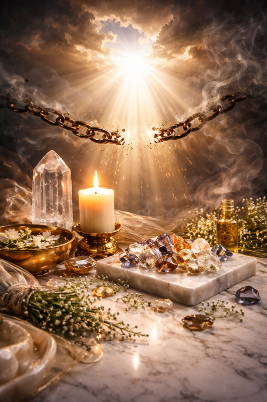 Symbolic image of clarity and breakthrough with light shining through darkness, broken chains, smoke clearing, luxury spiritual aesthetic,