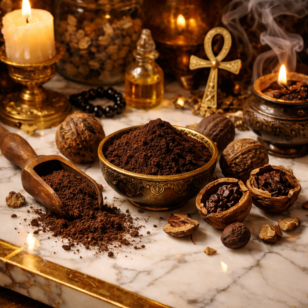 black walnut spiritual ritual hoodoo cleansing setup with candles and incense