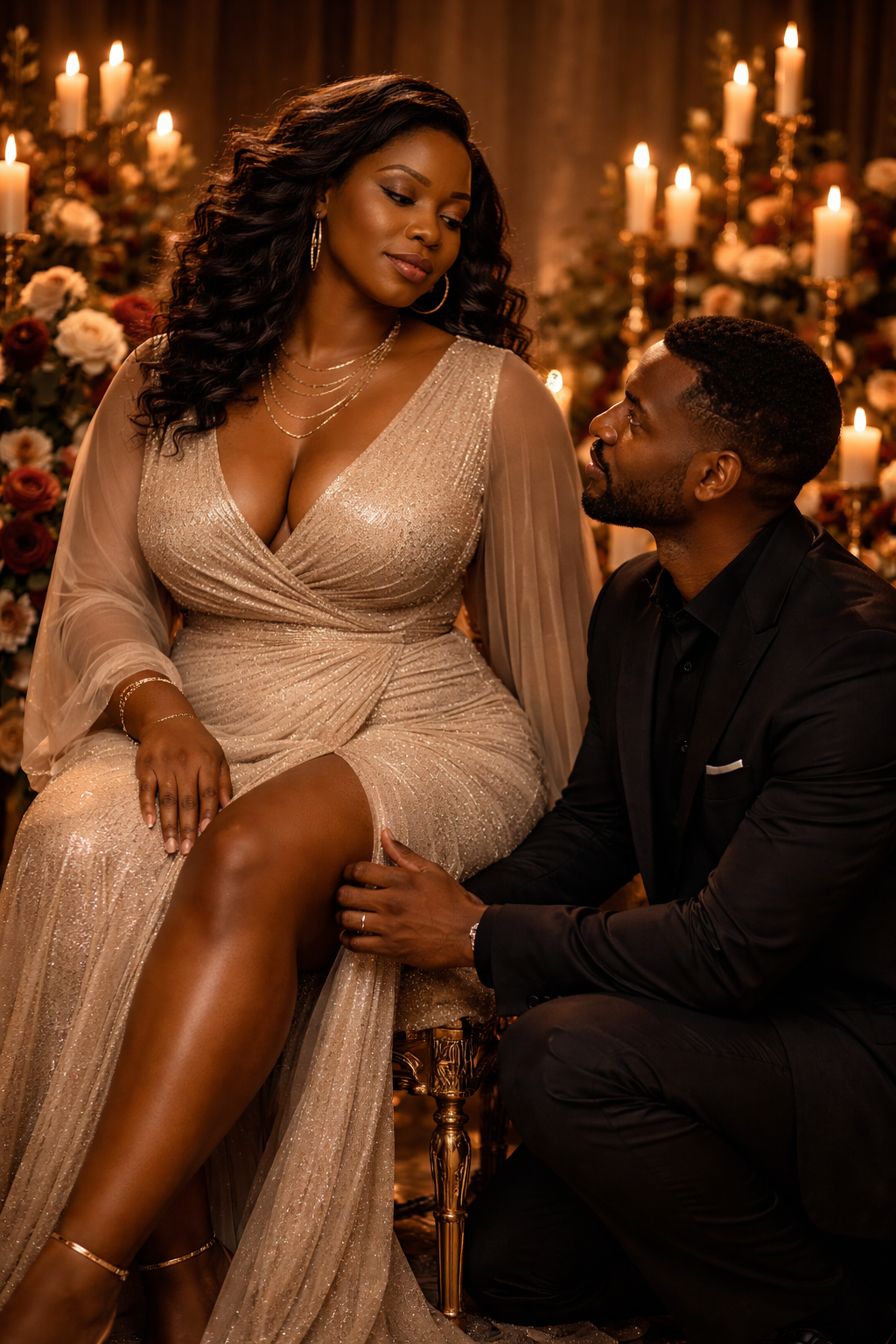 Intimate luxury scene of Black couple seated together in a romantic ritual setting.