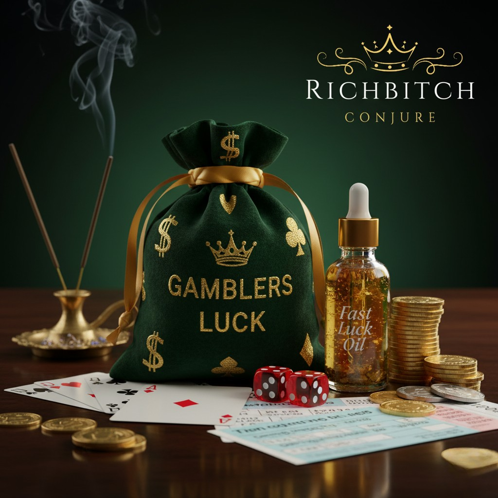 Gamblers Luck Mojo Bag on a casino themed altar with lottery tickets, playing cards, dice, and Fast Luck Oil from Rich Bitch Conjure.