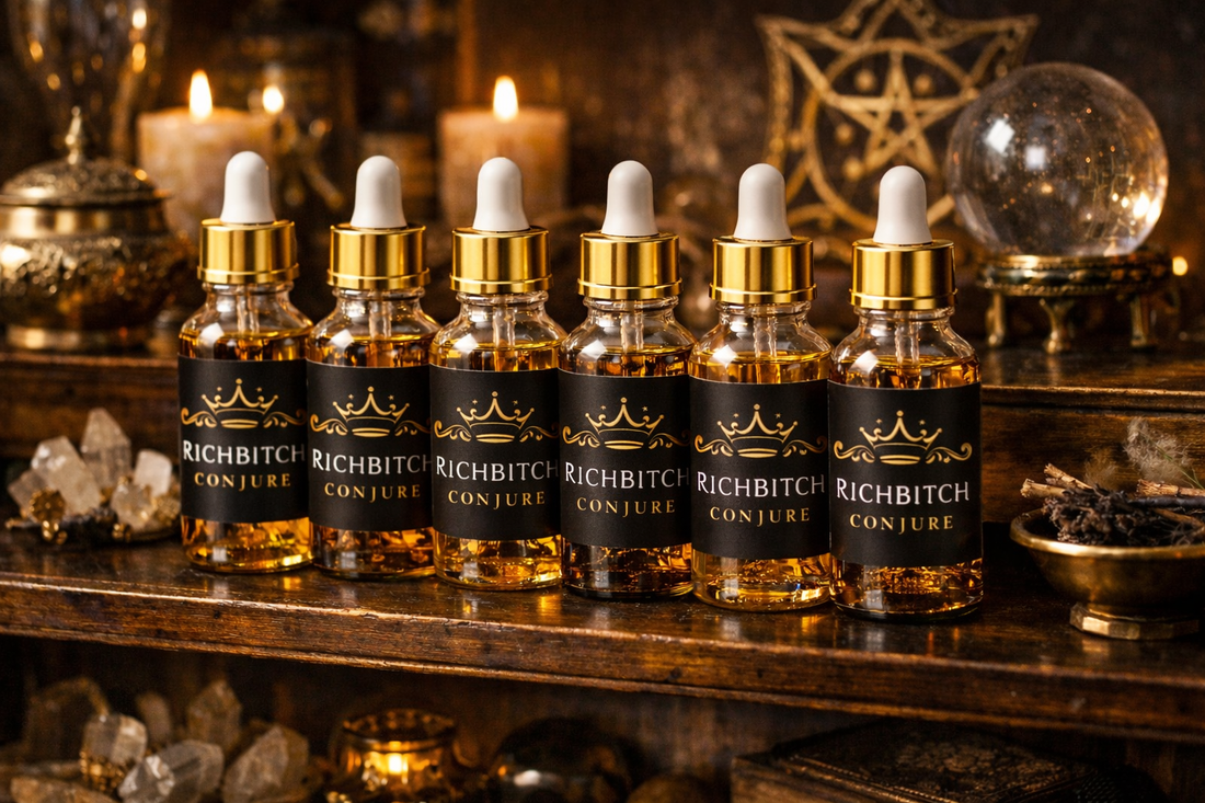 Conjure oils displayed on retail shelf in spiritual store