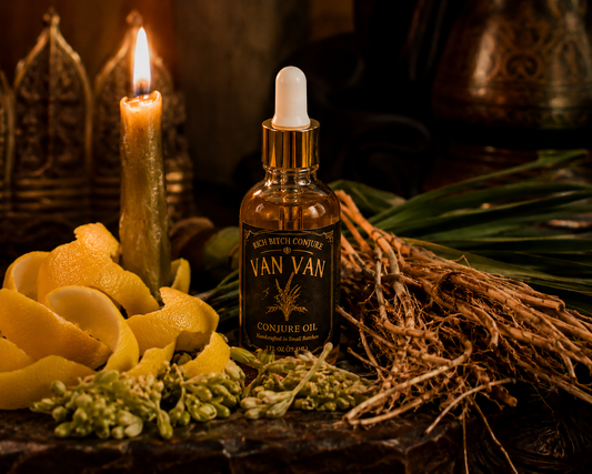 Rich Bitch Conjure Van Van Hoodoo conjure oil on a ritual altar surrounded by lemongrass, vetiver, and candle light representing the sacred Hoodoo formula for luck, road opening, and spiritual cleansing.